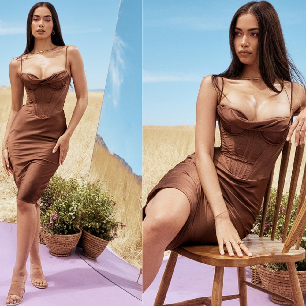 House of CB 'Myrna' Chocolate Satin Corset Slip Dress NWOT